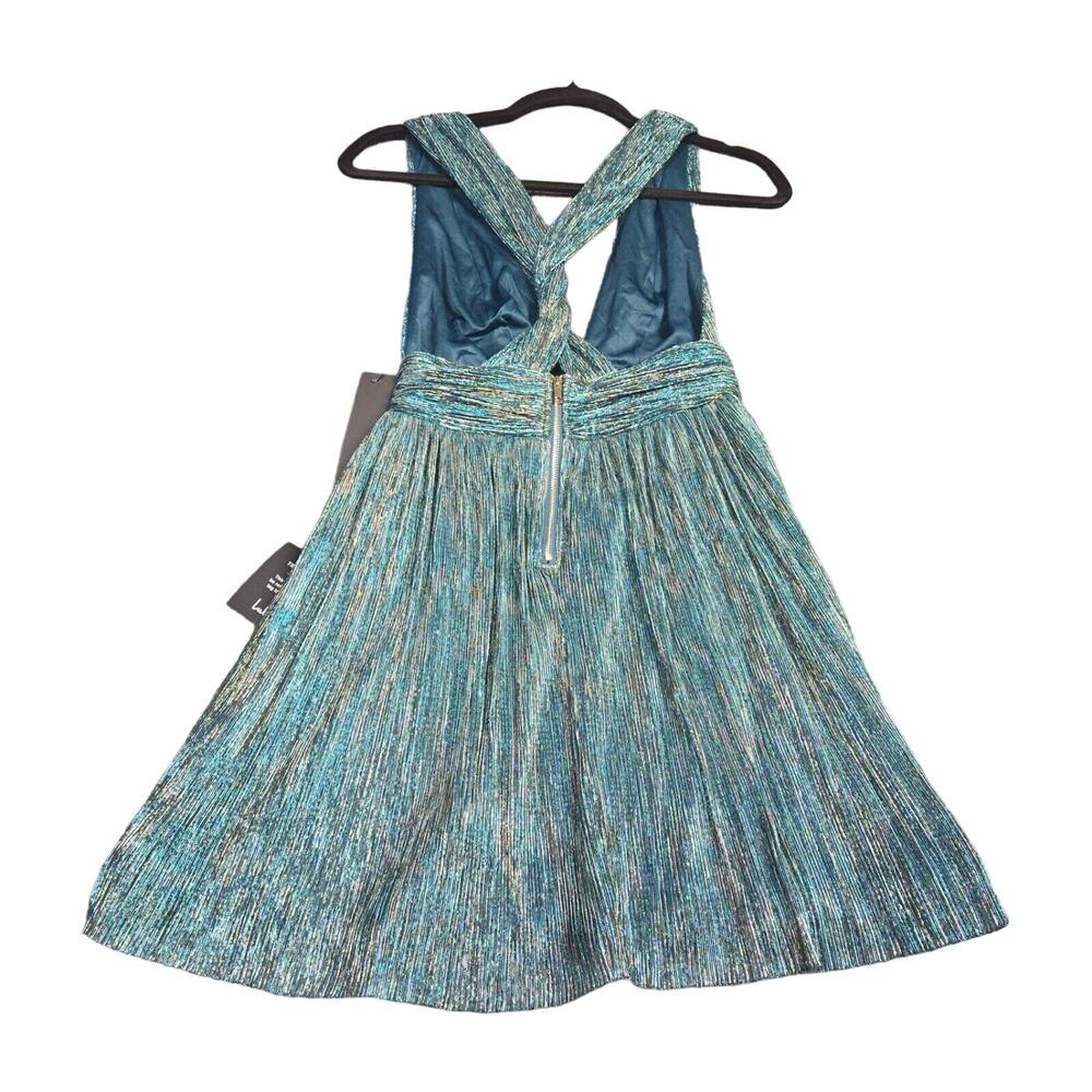 Lulus Women’s Size XS Ailey Gold and Teal Blue Metallic Skater Mini Dress - Picture 2 of 12